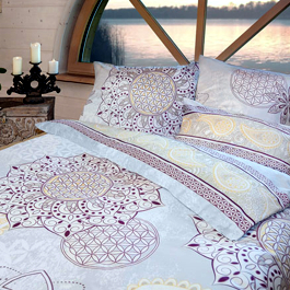 Wunderschöne Bettwäsche mit 'Blume des Lebens' in ayurvedischen Farbtönen